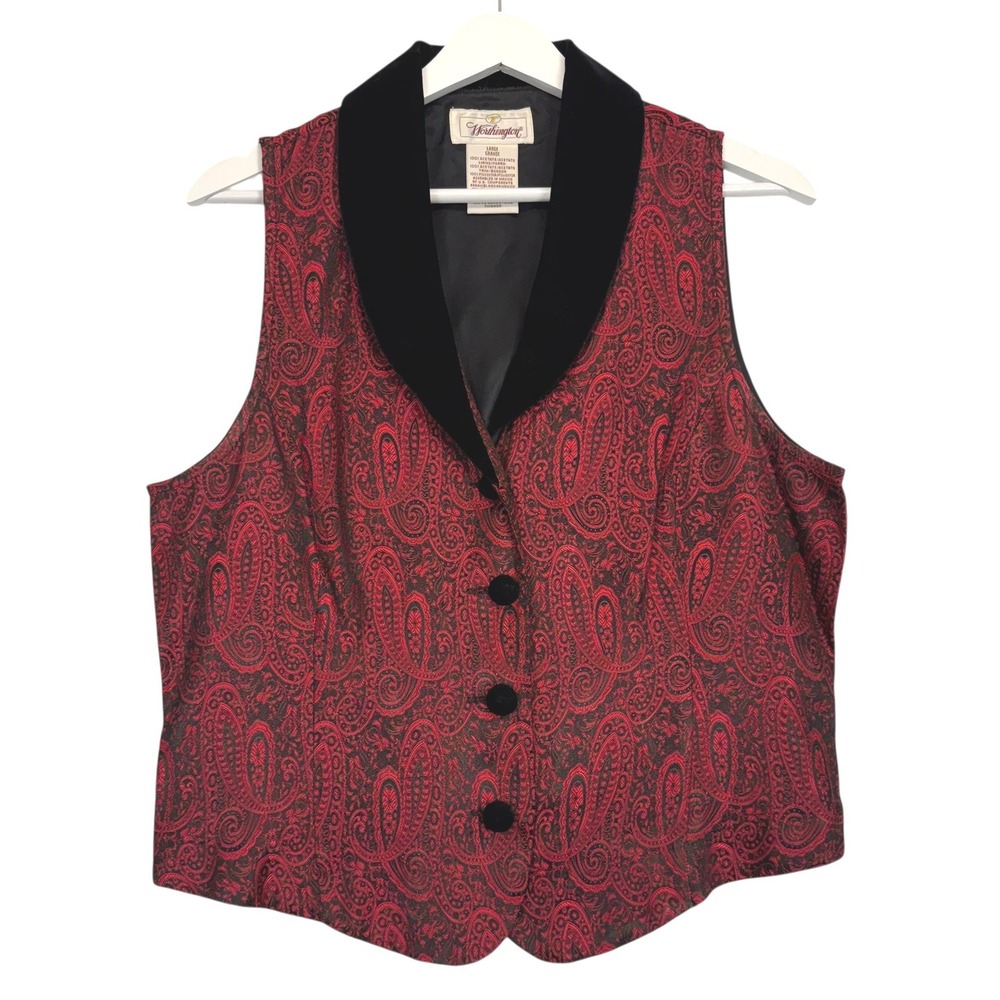 Worthington Womens Vintage Red Paisley Velvet Collar Button Front Vest Sz Large